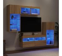 Kaloriko Unités murales TV avec LED 5 pcs chêne Sonoma Bois d'ingénierie 2 armoires 2 Meubles 1 Banc Rangement Suspendu Salon séjour Bureau Design Lumineux