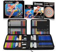 KALOUR PDAS 127 Ensemble de dessin, kit de croquis professionnel avec carnet de croquis tricolore et livre de coloriage, crayons néon, de couleur, aquarelle, métalliques, graphite et fusain