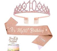 KALUROIL Fille 10 Ans -Kit Anniversaire Couronne Tiare Strass et Ceinture Pailletée It's My 10th Birthday - Décoration Cupcake et Boîte Cadeau Incluse