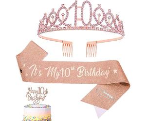 KALUROIL Fille 10 Ans -Kit Anniversaire Couronne Tiare Strass et Ceinture Pailletée It's My 10th Birthday - Décoration Cupcake et Boîte Cadeau Incluse