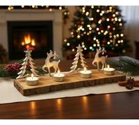 KAMACA Photophore en métal avec rennes et sapins en métal sur socle en bois rustique de 41 cm de long, décoration de Noël chaleureuse pour table, buffet, Avent (photophore de l'Avent en métal et bois)