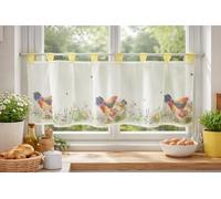 KAMACA Rideau de bistrot - 45 x 120 cm - En voile et organza - Motif coq, poule et poussins - Rideau de cuisine transparent avec passants - Décoration maison de campagne
