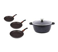 Kamberg 0008019 Manche Amovible, Fonte d'Aluminium, Revêtement type pierre, Tous feux dont induction, Sans PFOA, Poêles 20 / 24 / 28 cm, Lot de 3 & Faitout 28 cm - Couvercle en verre