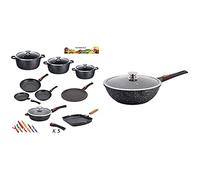 Kamberg - 0008163 - Set Lot Batterie de cuisine 24 pièces & 0008057 - Wok 30 cm - Manche Amovible - Fonte d'Aluminium - Revêtement pierre - Couvercle en verre - Tous feux dont induction - Sans PFOA
