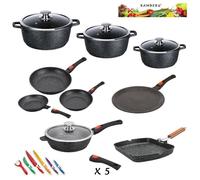 Kamberg - Set Lot Batterie de cuisine 24 pièces - Fonte d'aluminium - Revêtement pierre - Manche Amovible - Tous Feux dont Induction - Sans PFOA - 0008163, Noir