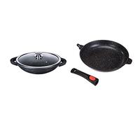 KAMBERG - Ensemble de cuisine - 2 pièces : Wok 36 cm et Poêle 32 cm - Fonte d'Aluminium - Revêtement type pierre - Tout feux dont induction - Manche Amovible - Silicone - Lavable en Machine