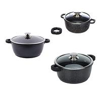 Kamberg Faitout Trio 20cm, 24cm, 28cm - Fonte d'Aluminium - Revêtement type pierre - Couvercle en verre - Tous feux dont induction - Sans PFOA