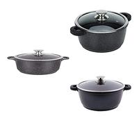 Kamberg Faitout Trio 24cm, 28cm, 32cm - Fonte d'Aluminium - Revêtement type pierre - Couvercle en verre - Tous feux dont induction - Sans PFOA