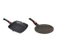 KAMBERG - Poêle Grill 28 x 28 cm - Manche Amovible - Fonte d'Aluminium - Revêtement Type Pierre - Tous Feux dont Induction - Sans PFOA & Crêpière 24 cm - Manche Amovible - Fonte d'Aluminium
