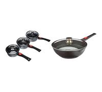 Kamberg - Set 3 Casseroles Gris 16/18 / 20 cm - Manche Amovible - Fonte d'Aluminium - Revêtement Type Pierre & Wok 30 cm - Manche Amovible - Fonte d'Aluminium - Revêtement pierre