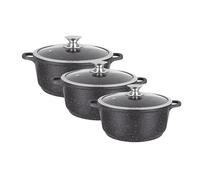 Kamberg - Set 3 Faitouts 20/24 / 28 cm - Fonte d'Aluminium - Revêtement Type Pierre - Couvercles en Verre - Tous Feux dont Induction - Sans PFOA - 0008169, Noir
