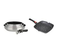 KAMBERG - Set de poêles Lot Batterie de cuisine inox 4 pièces - Acier inoxydable - Revêtement pierre & Poêle Grill 28 x 28 cm - Manche Amovible - Fonte d'Aluminium - Revêtement Type Pierre