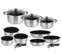 KAMBERG - Set Lot Batterie de cuisine 12 pièces - Acier inoxydable - Revêtement type Pierre - Tous Feux dont Induction - Manche Amovible - Sans PFOA Gris