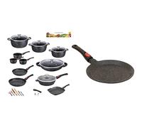 Kamberg - Set Lot Batterie de cuisine 27 pièces - Fonte d'aluminium - Revêtement pierre, 67 x 36 x 34 cm & Crêpière 24 cm - Manche Amovible - Fonte d'Aluminium - Revêtement Type Pierre