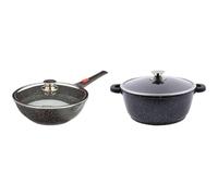 KAMBERG - Wok 30 cm - Manche Amovible - Fonte d'Aluminium - Revêtement pierre - Couvercle en Verre & Marmite Faitout 28 cm - Fonte d'Aluminium - Revêtement Type Pierre - Couvercle en Verre