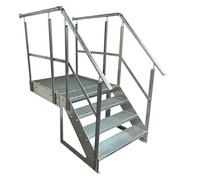 Kaminbau Mierzwa Escalier en acier de qualité supérieure - 4 marches - Hauteur : 76 cm - Avec plateforme de 100 x 100 cm - Avec balustrade galvanisée - Orientation - Escalier avant (avant)/escalier