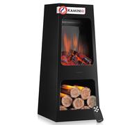 KAMINIO Cheminée de jardin électrique KAI L - Chauffage de terrasse électrique avec chauffage, effet de flammes 3D, compartiment à bois, éclairage d'ambiance LED, télécommande - Noir