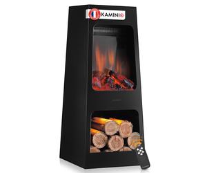 KAMINIO Cheminée de jardin électrique KAI L - Chauffage de terrasse électrique avec chauffage, effet de flammes 3D, compartiment à bois, éclairage d'ambiance LED, télécommande - Noir