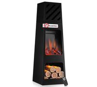 KAMINIO Cheminée de jardin électrique KAI XL - Chauffage de terrasse électrique avec fonction chauffage, effet de flammes 3D, compartiment à bois, éclairage d'ambiance LED, télécommande - Noir