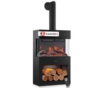 KAMINIO® Henri Cheminée électrique avec Chauffage & Tuyau de poêle, Noire | Cheminée décorative sur pied avec effet de flamme, feu 3D, compartiment éclairé par LED, thermostat, minuterie, télécommande