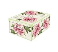 Kanguru 661 PE Boîte de Rangement en Carton recyclable Peonia/Pivoines, pour Ranger vêtements, armoire, joutes, Vert/Rose MEDIUM dimension 42 x 32 x 17,5 cm
