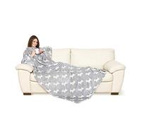 Kanguru Deluxe Doggy, Plaid Polaire à manches et poche Kangourou avec Dessin des Chiens, Super Doux, Plaid canape grande taille, Couverture polaire avec manches, Adultes, Couleur Gris, 140 x 210 cm