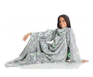 Kanguru Deluxe Glow Plaid Phosphorescent à Manches et Poche avec Motifs Lumineux Papillon, Couvre lit, canapé lit, Jete de canape, Couverture Polaire avec Manches, Plaid canape, Gris, 140 x 180 cm