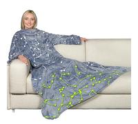 Kanguru Deluxe Glow - Plaid Polaire Phosphorescent à Manches avec Poche, Motifs Lumineux Constellations, Couverture pour Canapé ou Lit, Bleu, 140 x 180 cm