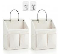 Kanrichu Lot de 2 sacs de rangement muraux à suspendre à une porte en tissu de lin avec poches, bac de rangement étanche pour cuisine, chambre, bureau, camping-car (blanc)