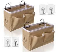 Kanrichu Lot de 2 sacs de rangement muraux au milieu en tissu de lin avec poches, poubelle étanche pour cuisine, chambre, bureau, camping-car (kaki)