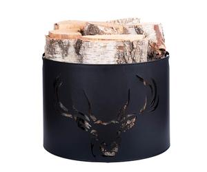 Kapaga - Kaminholzkorb 33 x 26 cm - Metall Schwarz pulverbeschichtet - Holzträger mit Hirschmuster - Robuster Holzkorb für Kamin, Wohnzimmer & Deko, Kaminholzträge - Feuerholz Aufbewahrung