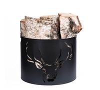 Kapaga - Kaminholzkorb 38 x 28 cm - Metall Schwarz pulverbeschichtet - Holzträger mit Hirschmuster - Robuster Holzkorb für Kamin, Wohnzimmer & Deko, Kaminholzträge - Feuerholz Aufbewahrung