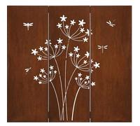 Kapaga Lot de 3 brise-vue en métal avec motif pissenlit - 160 cm x 50 cm - Rouille - Brise-vue pour jardin - Élément brise-vue - Décoration de jardin - Clôture - Rouille