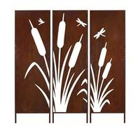Kapaga Lot de 3 brise-vues en métal, avec roseaux et libellules, 160 x 50 cm, aspect rouille, brise-vue, décoration de jardin, clôture