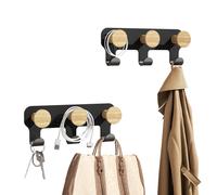 Kapanou Porte-manteau mural à 6 crochets, lot de 2, brun vintage, en bois d'hévéa, avec tringle en métal noir robuste, pour vêtements, serviettes ou chapeaux, crochets décoratifs pour salle de bain, c