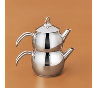 Karaca Adelya Caydanlik - Mini théière turque en métal de 0,65 l + couvercle et abreuvoir de 1,1 l en acier inoxydable - Passe au lave-vaisselle - Passe au lave-vaisselle, Gris