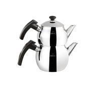 Karaca Adelya - Mini théière turque en acier inoxydable avec couvercle - Théière turque de 0,65 litre et réservoir d'eau de 1 litre) - Théière en bakélite noire qui ne brûle pas - Théière et