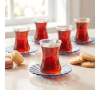 Karaca Luna Cay Bardagi Lot de 12 verres à thé, turcs, pour 6 personnes, verres à thé et soucoupes, bleu clair moderne