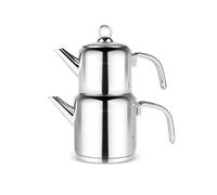 Karaca New Mani - Théière turque en acier inoxydable avec couvercle - Théière turque de 1 litre et réservoir d'eau de 2 litres - Théière midi et bouilloire à induction - Argenté