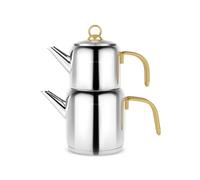 Karaca New Mira Set de Théière Turque en Acier Inoxydable, Bouilloire 2L, Théière 1L, Poignées Résistantes à la Chaleur, Finition Poli, Turkish Teapot & Caydanlik, Compatible Induction, Or