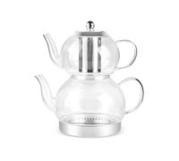 Karaca Pandora Théière Transparente pour Thé Turc en Verre Borosilicate avec Infuseur, Bouilloire à Thé (2 L) & Theiere avec Couvercle et Filtre Amovible (1 L)