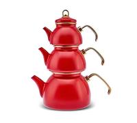 Karaca Retro Emaye Théière Set, 3 pièces, Rouge - Des théières en émail de haute qualité pour boire du thé avec style et pour des thés nostalgiques - Contenance 0,50 l, 1,1 l et 2,3 l