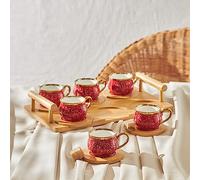 KARACA Set de tasses à café rouge pour 6 personnes avec plateau en bambou 90 ml