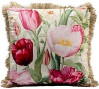 Kare Design Tulips Coussin Multicolore, 45 x 45 cm, Housse Amovible avec Fermeture éclair, Motif Floral, avec Bords à Franges, Coussin décoratif avec Rembourrage, Coussin décoratif pour canapé