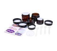 Kare & Kind Lot de 4 pots à cosmétiques rechargeables (verre ambré), 4 couvercles, 4 couvercles intérieurs, 39 étiquettes + 4 mini spatules pour un remplissage facile - pour crèmes, huiles