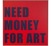 Kare Tableau mural design « Need Money » - Rouge et bleu - Carré encadré - Impression d'art minimaliste - Pour chambre à coucher - Bois - 80 x 80 cm (H x l)