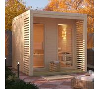 Karibu Sauna Extérieur Tonneau Angkor 2 | 4-6 Places, Bois Épicéa Nordique 38mm, Poêle 9kW Contrôle Externe | Terrasse, Vitre Façade, Isolation Toit