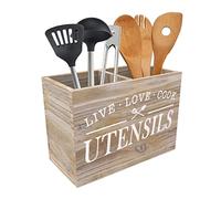 Karisky Porte-ustensiles de cuisine pour comptoir, panier à ustensiles en bois véritable massif avec fond amovible, 2 compartiments pour ustensiles de cuisine, nature