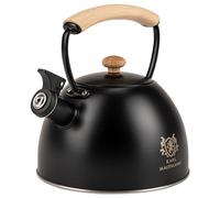 KARL HAUSMANN Bouilloire Sifflante Inox 2.5 L Induction Gaz, Noir | Theiere inox 2.5 L avec sifflet, induction, gaz, vitrocéramique, couvercle amovible et poignée en bois