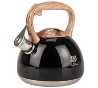 KARL HAUSMANN Bouilloire Sifflante Inox 3 L Induction Gaz, Noir | Theiere inox 3 L avec sifflet, induction, gaz, vitrocéramique, couvercle amovible et poignée effet bois